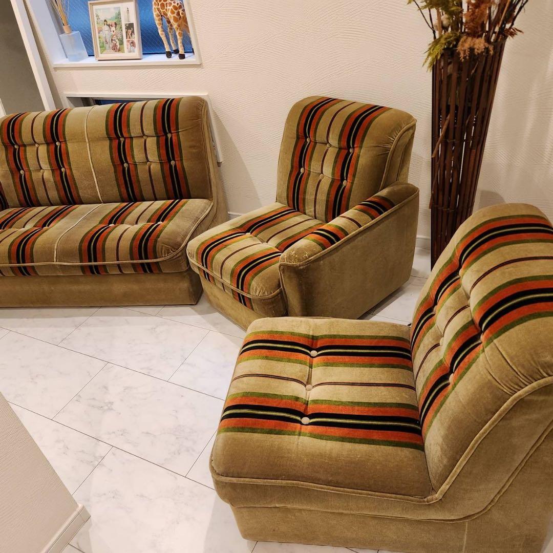 オールドカリモク　karimoku ストライプ　モケットアームレスシングルソファ