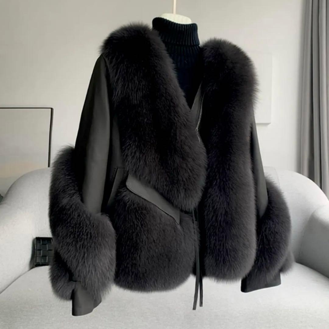 ほぼ未使用 リアル フォックスファー フォックス100% ファーコート 牛革