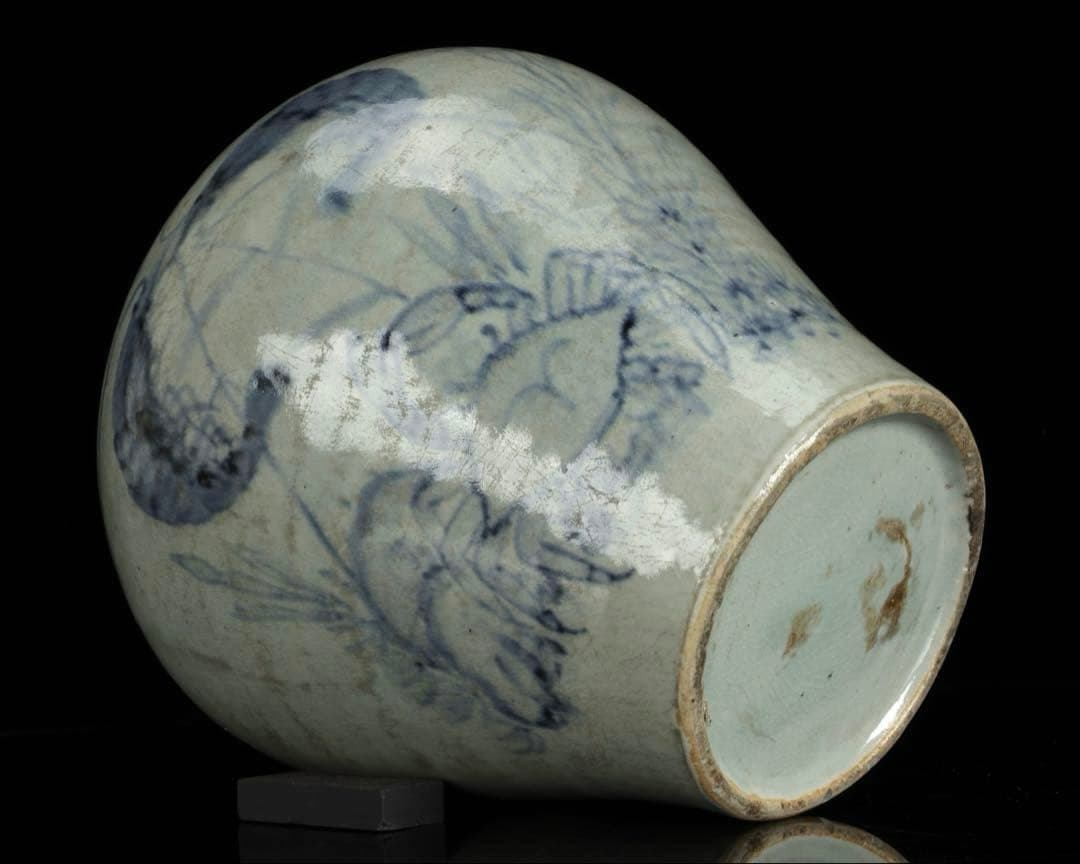 時代物 李朝 染付魚蟹海老文 壺 花瓶 箱付 白磁 青花 朝鮮古陶 唐物 骨董品