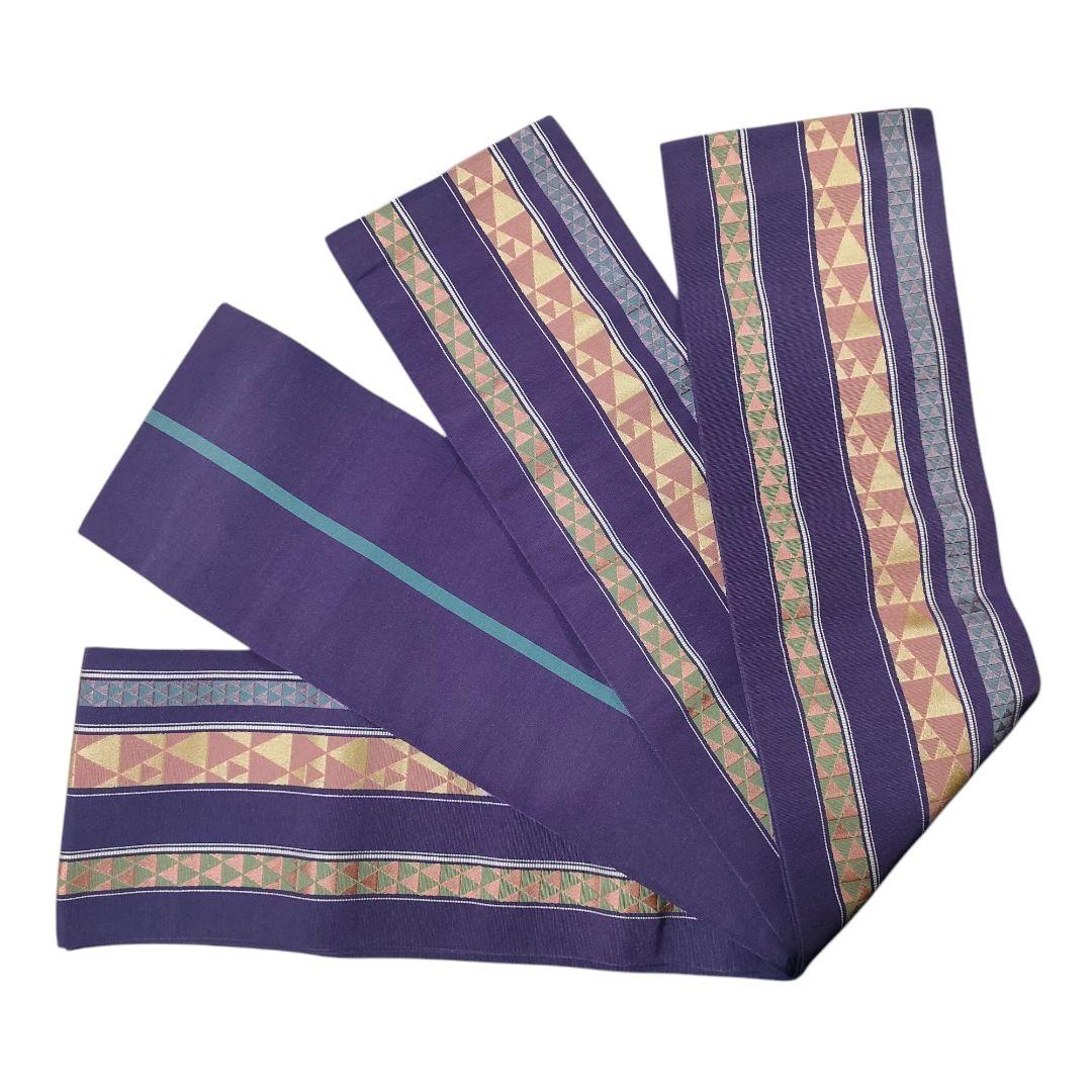 半幅帯ゆかたの帯長さ342cm幅15cm博多織正絹うろこ鱗柄横縞ボーダー灰紫色