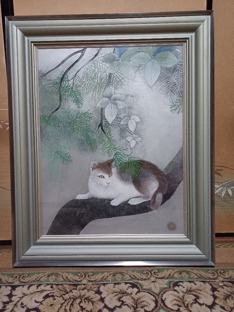 ◆　佐藤昌美(佐藤晨)「緑韻」日本画　猫　F10号　創画会会員　紺綬褒章　◆