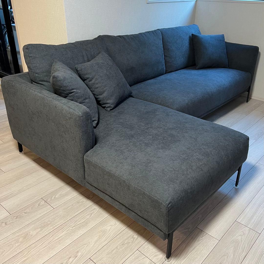 【きすけ】モダンデコ　ブラックスチール脚3人掛けワイドカウチソファーグレー