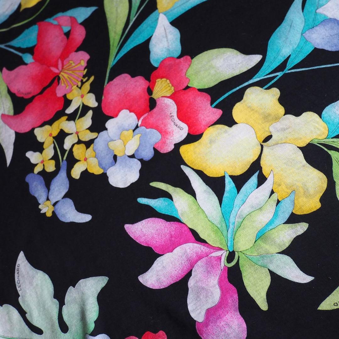 LEONARD 花柄 トリム 金ボタン ロゴボタン チュニック カットソー 半袖