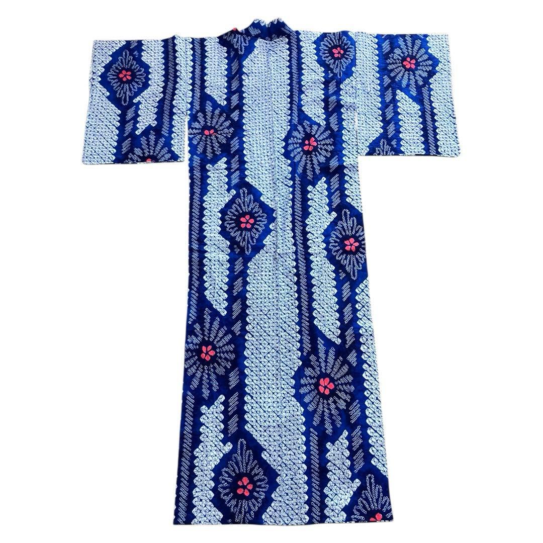 有松鳴海絞り 浴衣 青 ブルー 抽象花紋様 間道 リメイク 手縫い 逸品