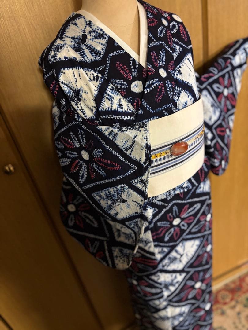 有松鳴海絞り　レトロ　巻き上げ絞り 藍染　花菱　ゆったりサイズ 半幅帯プレゼント