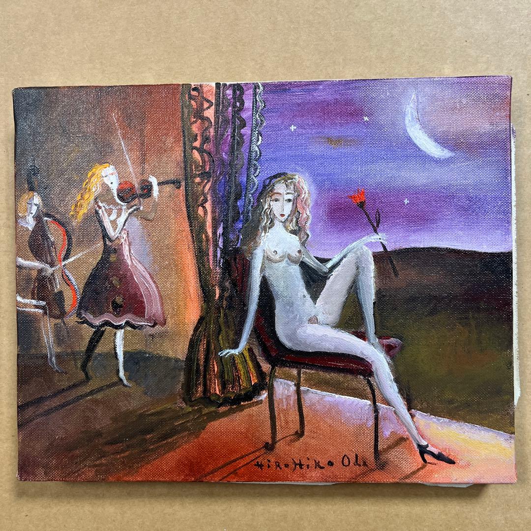 ⭕️油絵　二科会員　織田広比古　画題[月とバラ] F3号　東京銀座　日動画廊　油彩