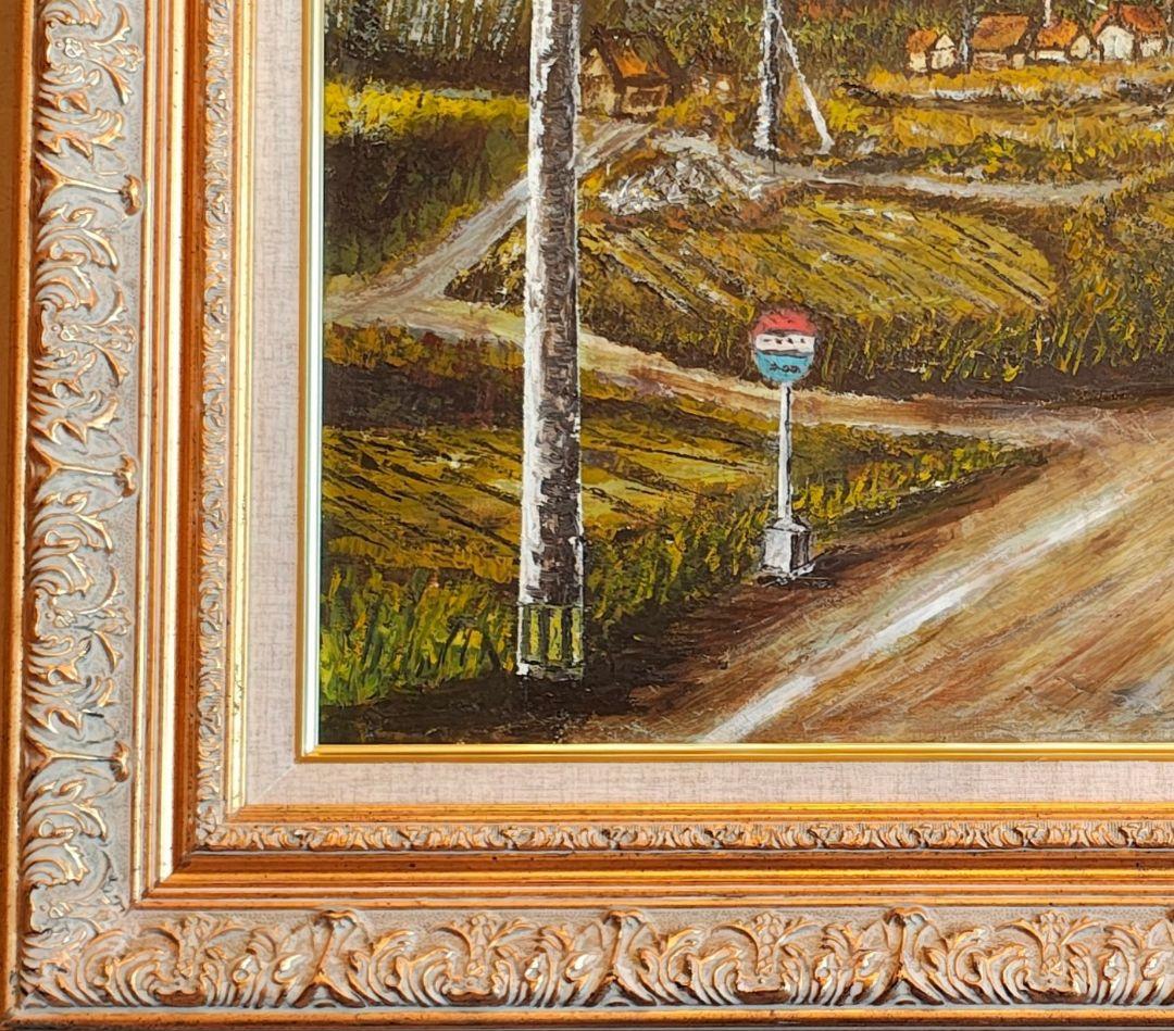 【F12号】大型 油絵 風景画 額縁入り バス停 山道 アンティーク 肉筆