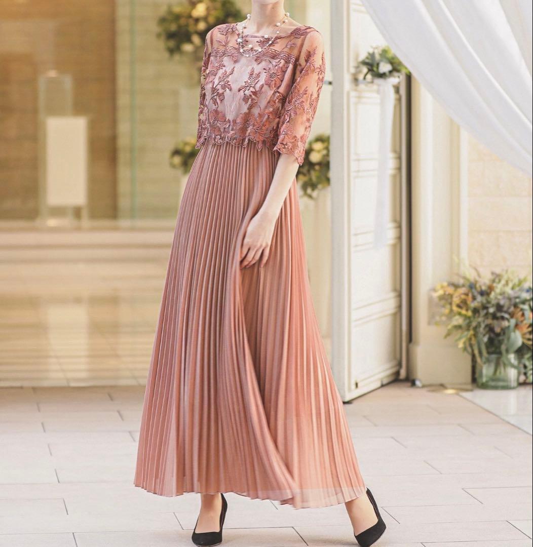 フラワー刺繍 レース 切り替え プリーツロング パーティー ドレス結婚式お呼ばれ