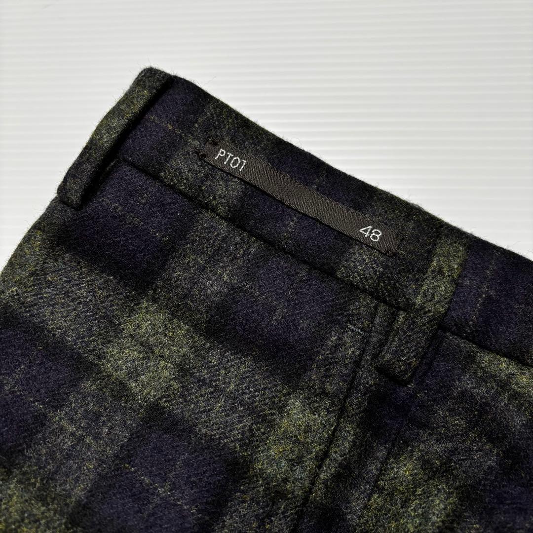 【ピーティーゼロウーノ PT01】ウール　パンツ　チェック　グリーン　メンズ
