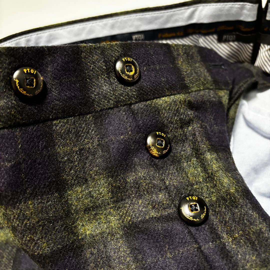 【ピーティーゼロウーノ PT01】ウール　パンツ　チェック　グリーン　メンズ