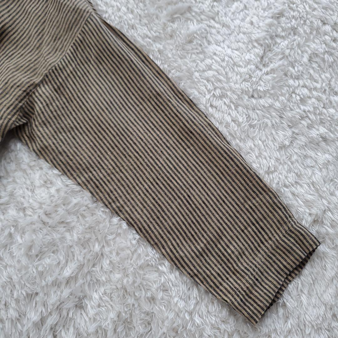 イチアンティークス リネン ストライプオーバーシャツワンピース ベージュ×グレー