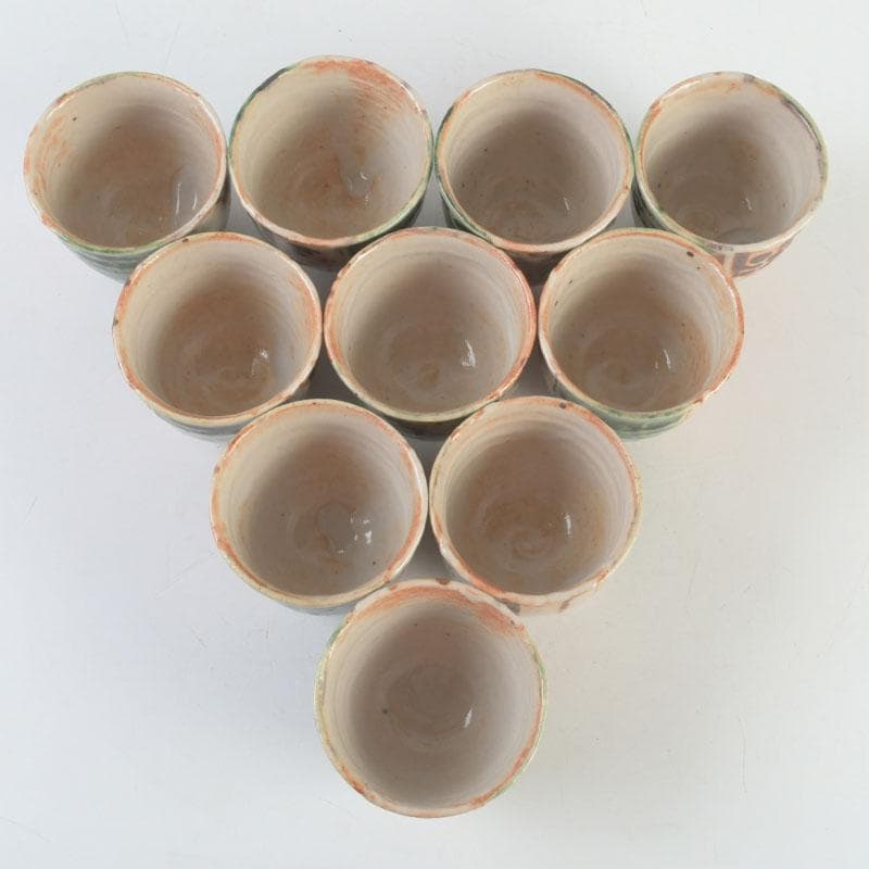 マサオ 煎茶道具　織部焼　煎茶碗　十客　陶印有　時代箱　V　9322