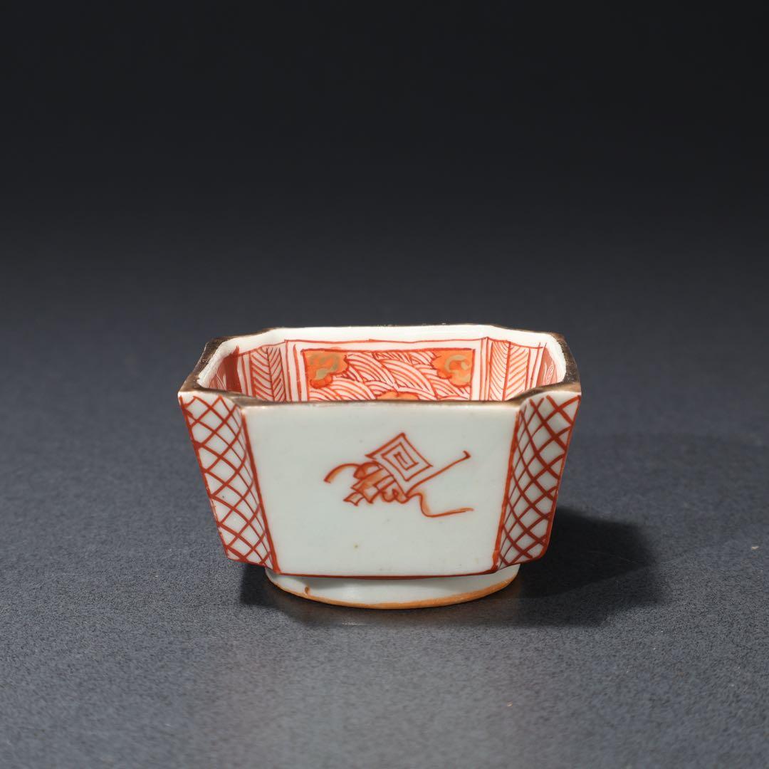 九谷赤絵　隅切　花図猪口５客　骨董　R1476wダC