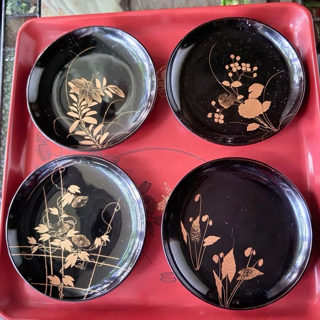 新春特別価格 ‼️茶人の心JAPAN蒔絵貴人の風雅な『四季の花』絵替木皿20客桐箱