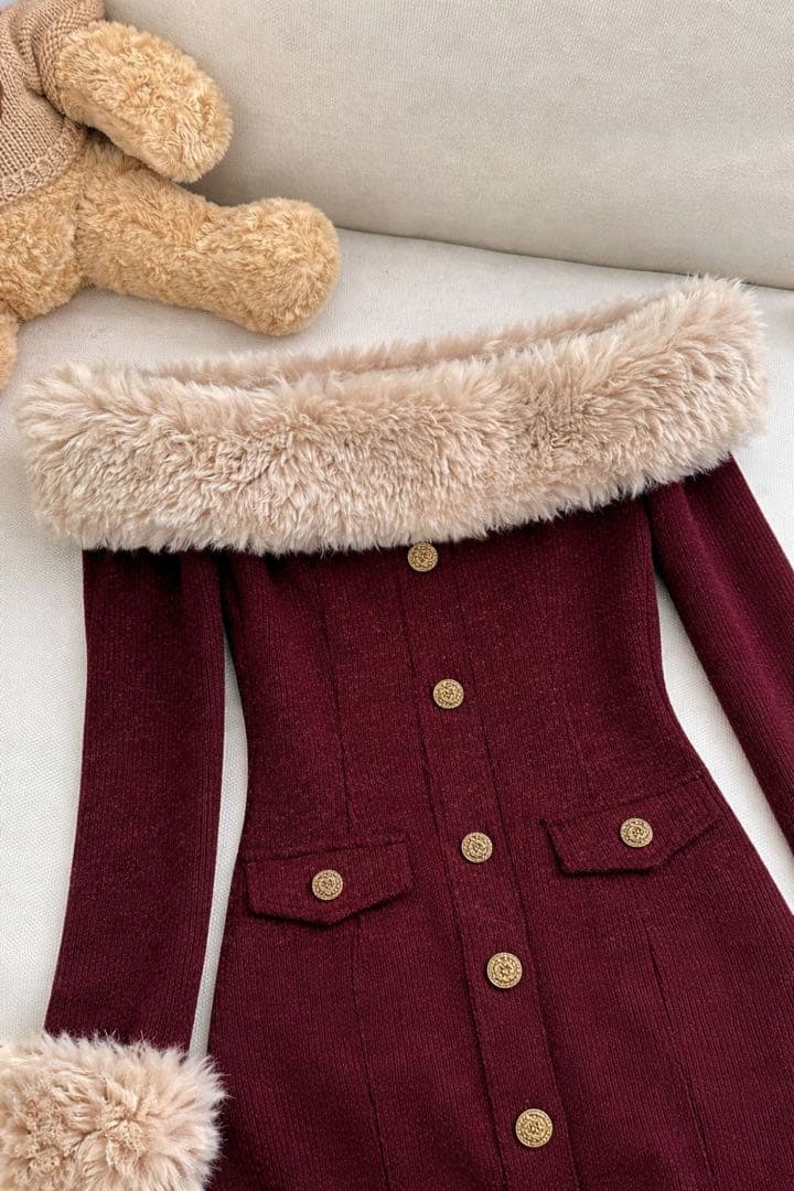 miu系穿搭 オフショル ファー ワンピース ファー 韓国 ワンホン 量産型