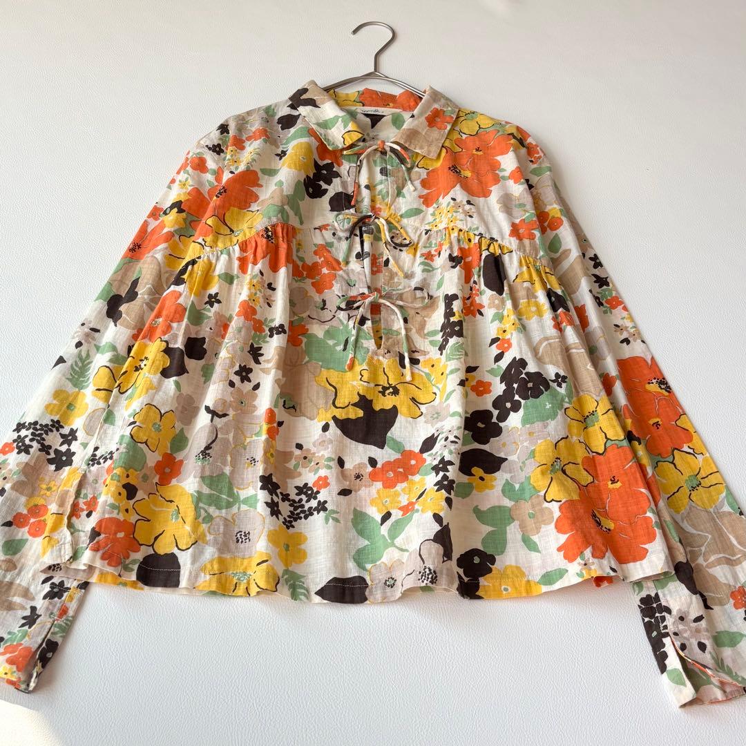 45rpm 長袖ブラウス　チュニック　花柄　マルチカラー　リボン　コットン100