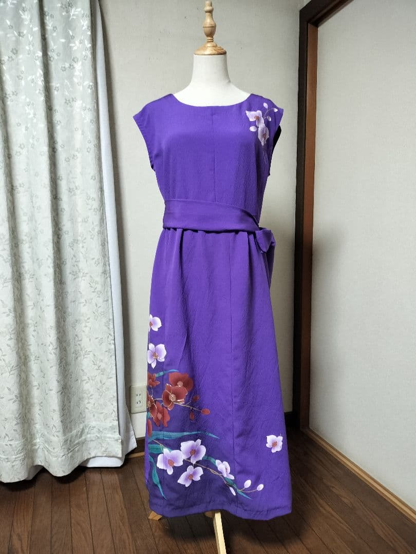 ♥セール♥着物リメイク　振袖　花草文　ワンピース　紫色