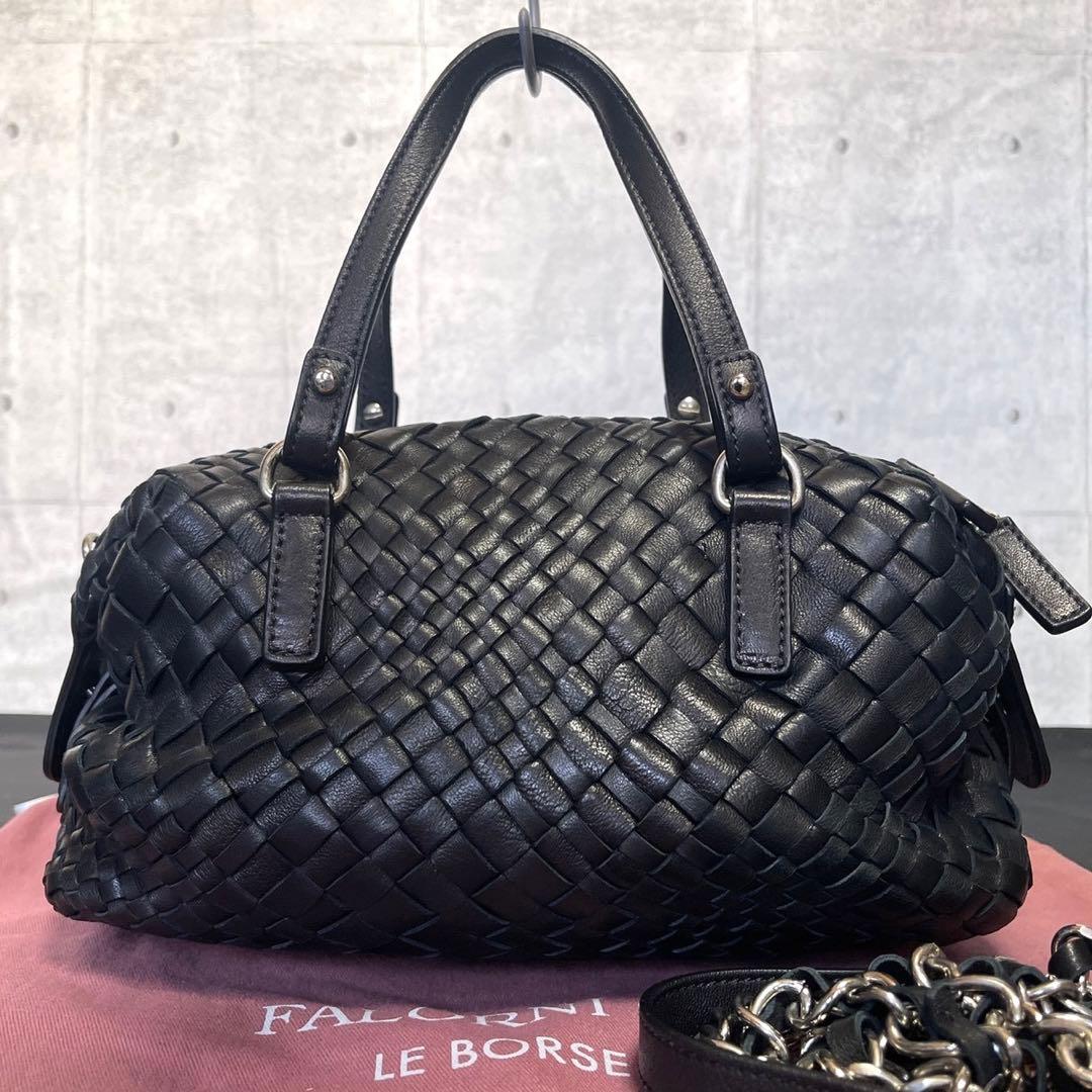 専用品FALORNI イントレチャート ブラック レザー 2WAYハンドバッグ