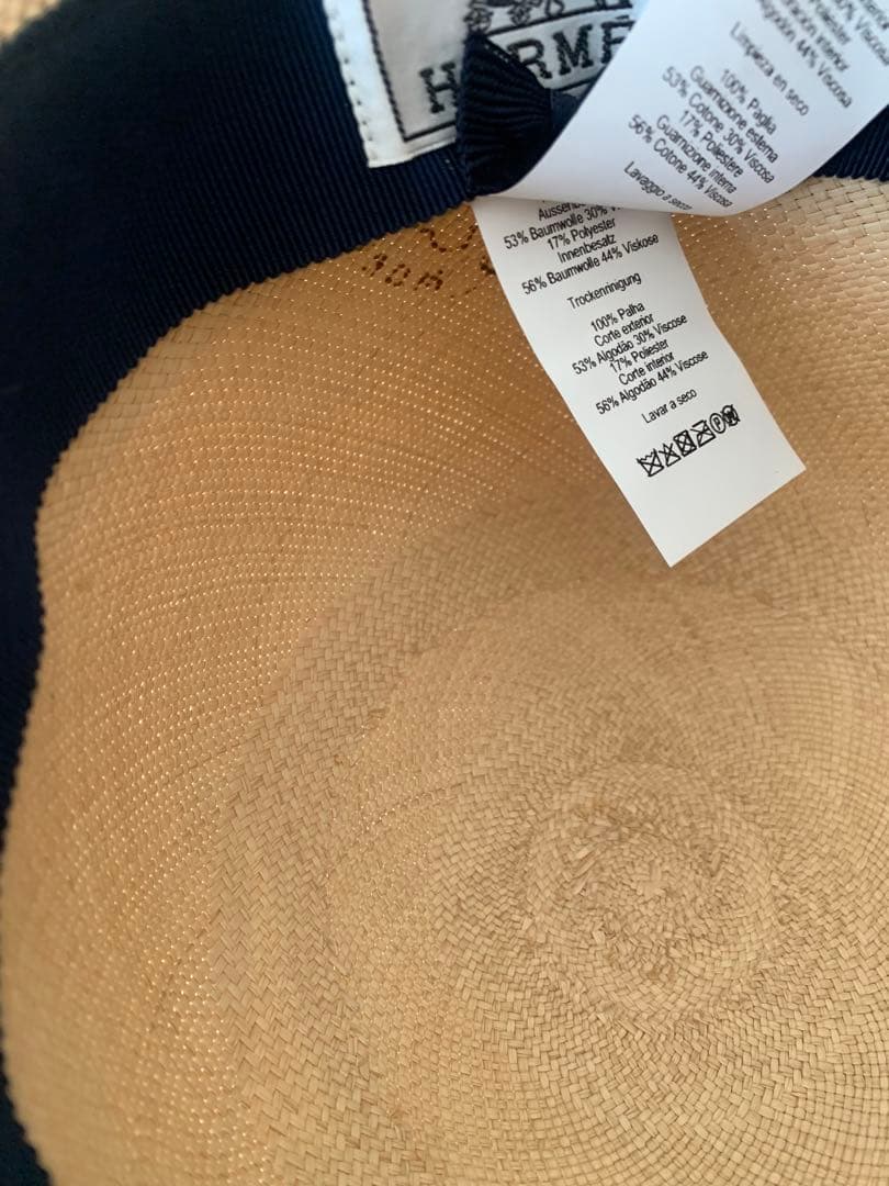 美品 HERMES ハット 帽子 ネイビー 57 ストローハット 麦わら帽子