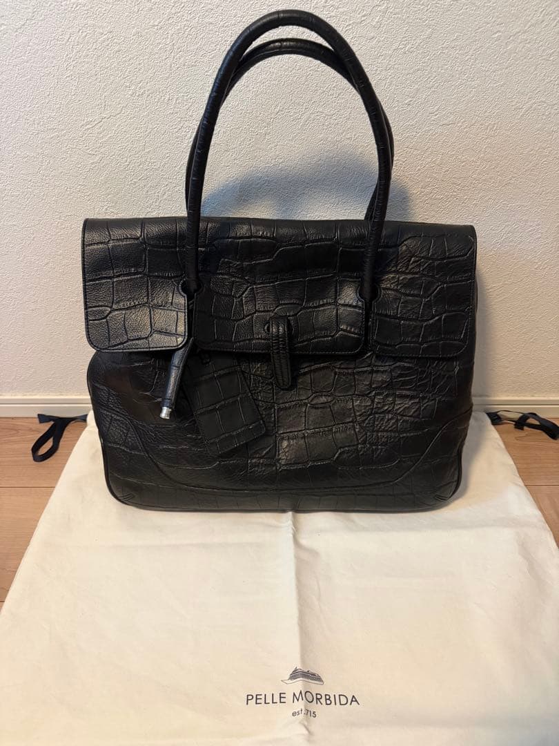 【美品】ペッレモルビダ メイデンボヤージュ クロコ フラップトートバッグ 黒