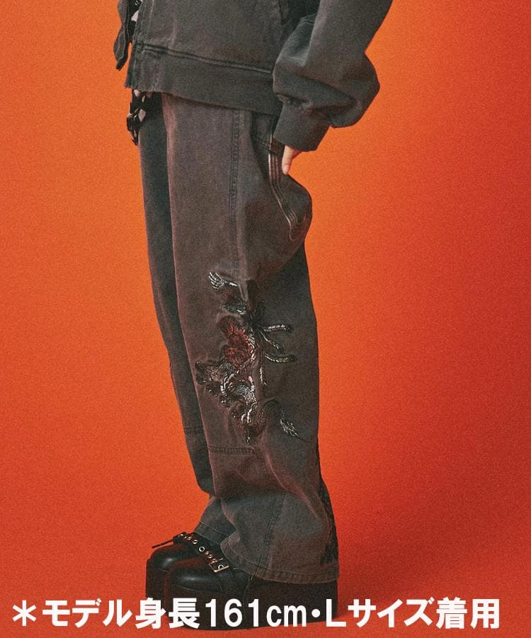 SALE・新品 ガルフィー 刺繍 Wニーパンツ XL 黒 グレー ビッグ 龍