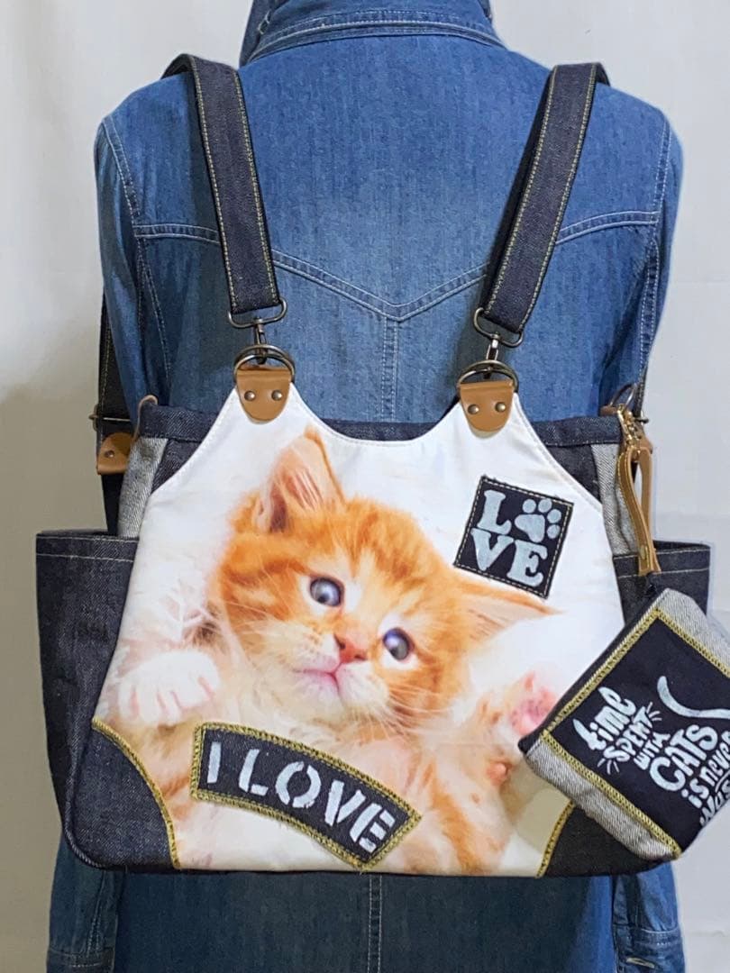 お値下げ☆岡山デニム☆子猫☆トラネコ☆リュック対応☆4wayあおりバッグ