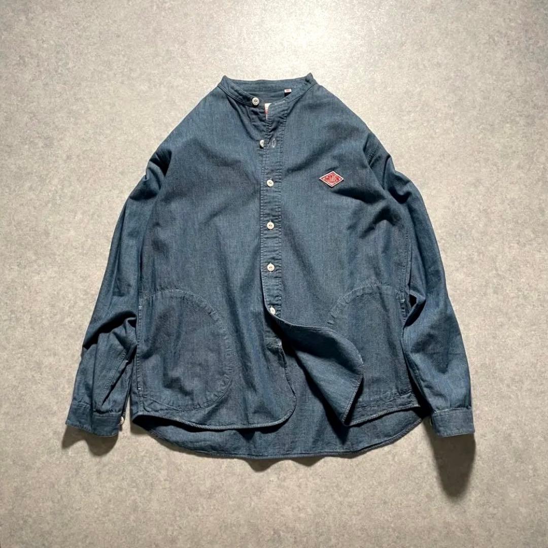美品 ダントン 日本製 バンドカラー デニムシャツ シャンブレー 40 ブルー