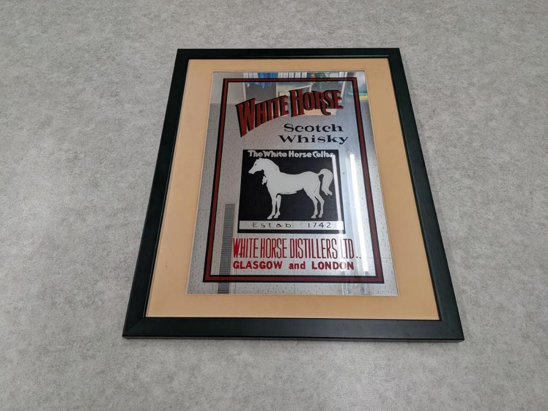アンティーク WHITE HORSE ホワイトホース パブミラー 鏡 額入り