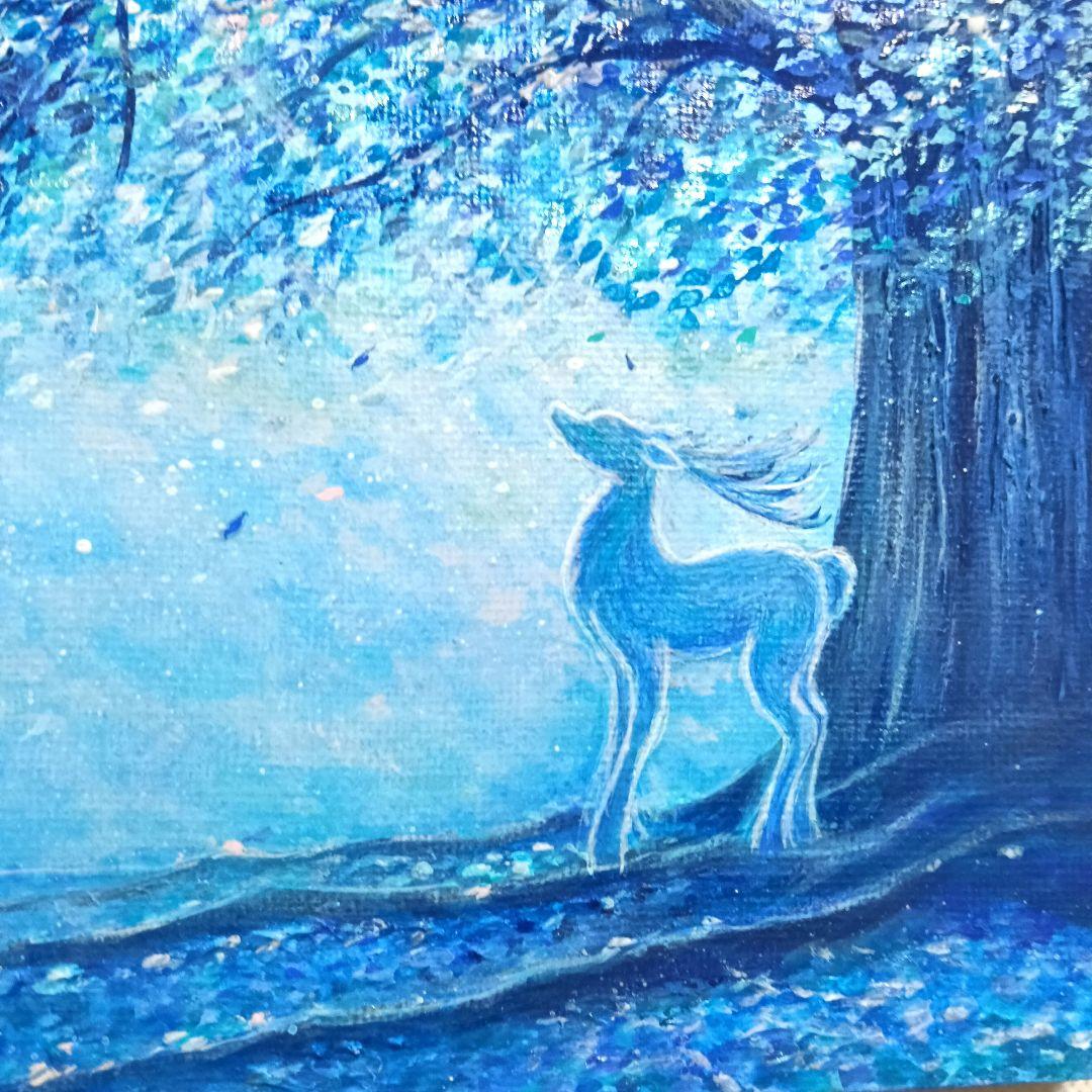 No.534 F3キャンバス　アクリル画　原画　青い絵　鹿　青い木　開運絵画
