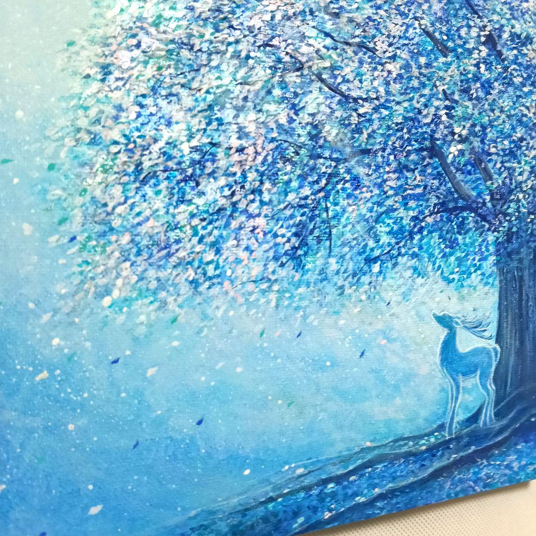 No.534 F3キャンバス　アクリル画　原画　青い絵　鹿　青い木　開運絵画