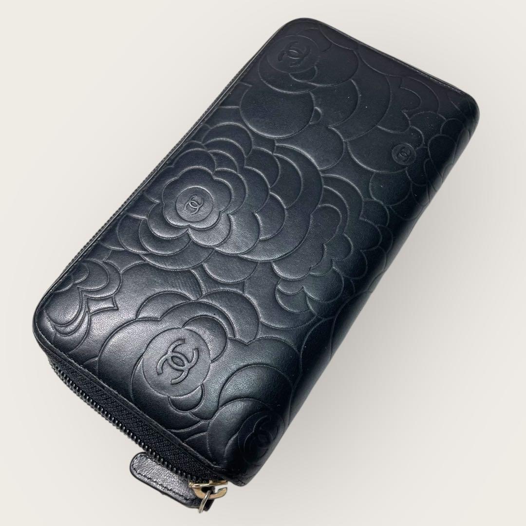 美品✨ CHANEL シャネル カメリア ラウンドジップ 長財布 黒 ゴールド