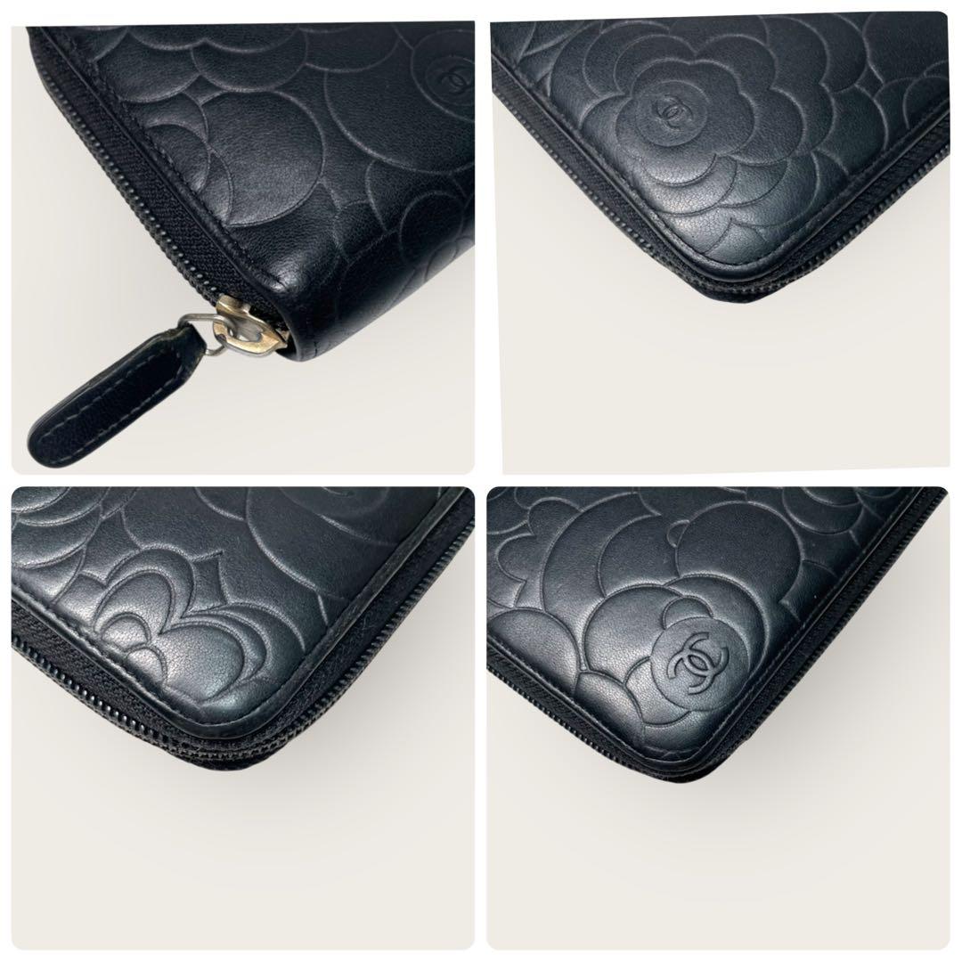 美品✨ CHANEL シャネル カメリア ラウンドジップ 長財布 黒 ゴールド