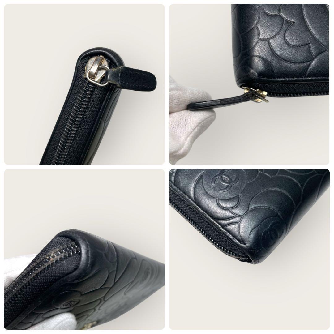 美品✨ CHANEL シャネル カメリア ラウンドジップ 長財布 黒 ゴールド