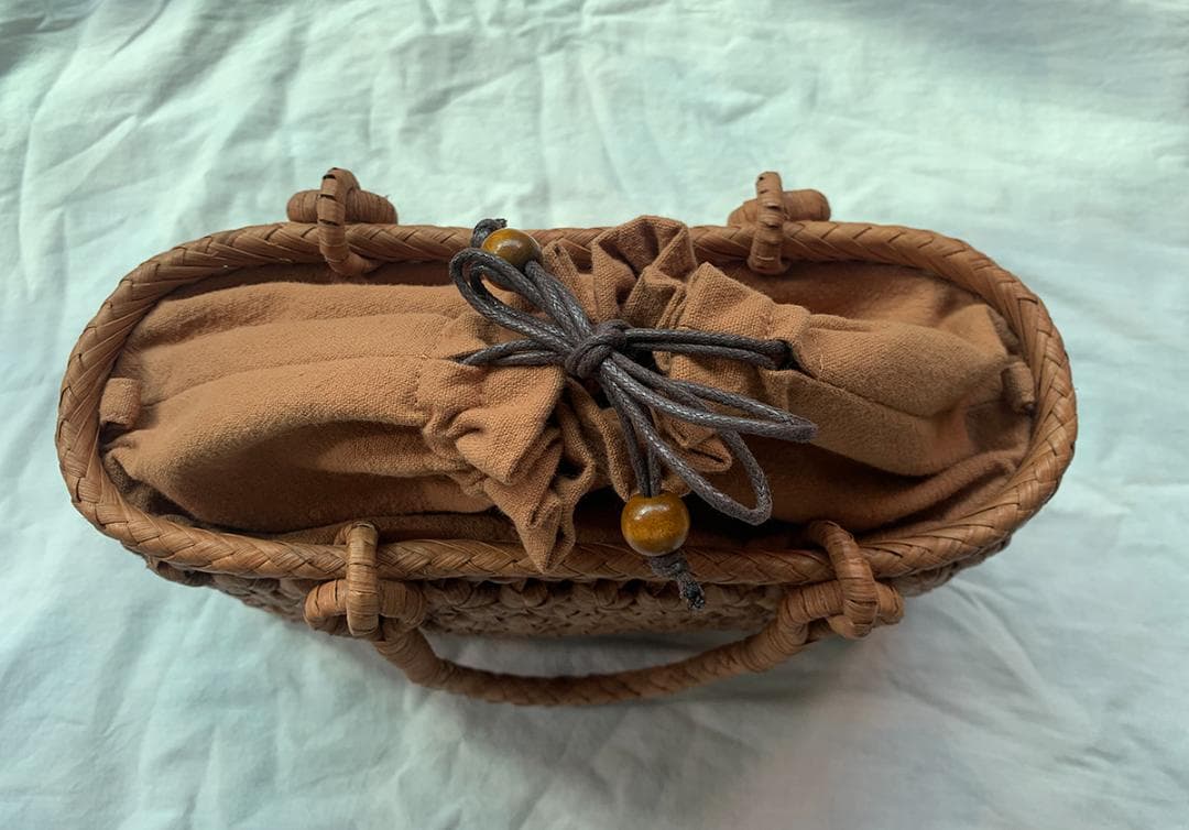 ✨美品✨六角花結び編み 山葡萄 かごバッグ 職人手編み 手提げ 内布付き