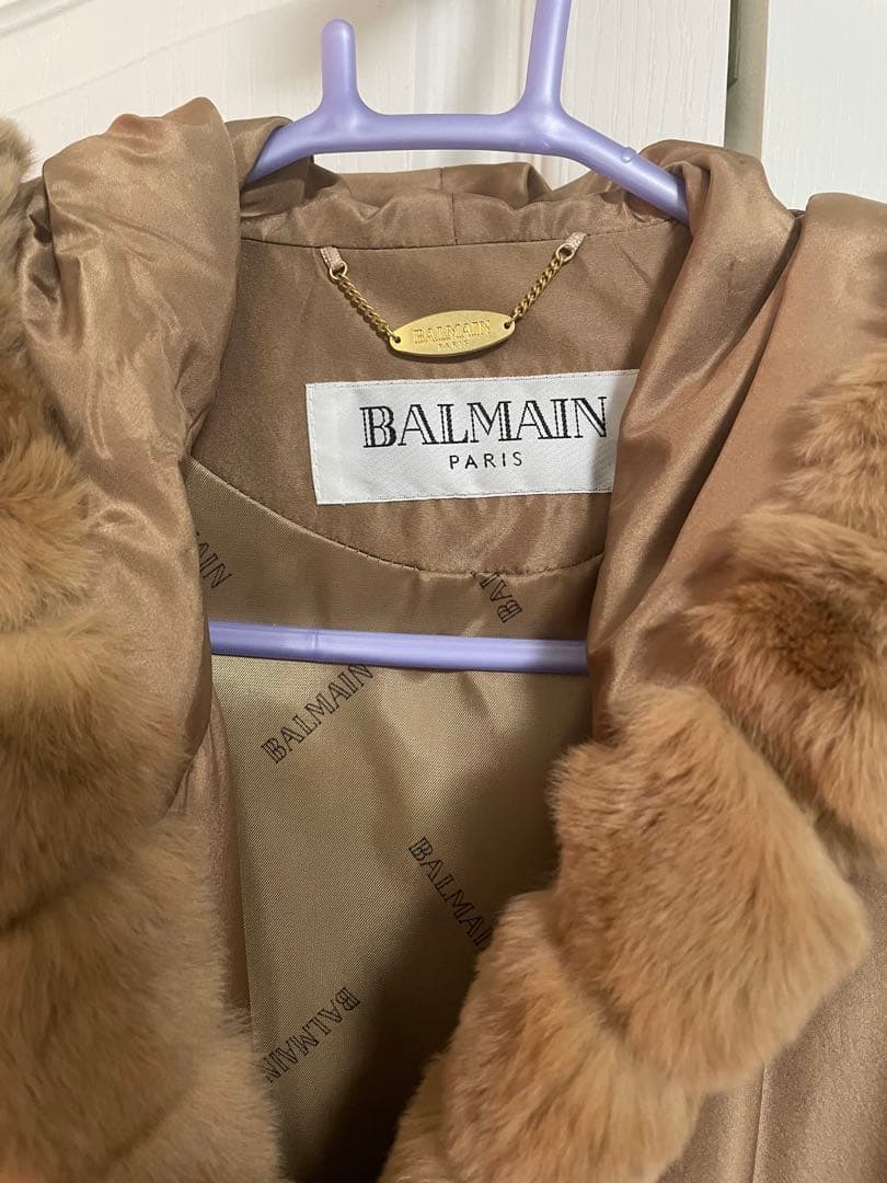 バルマン BALMAIN シルク コート ロング ファー付き 9号