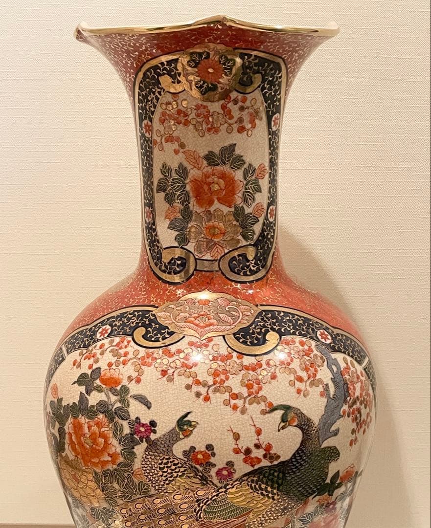 九谷焼 伊万里 陶月 梅牡丹孔雀獅子図金襴手 大花瓶 高さ約76cm