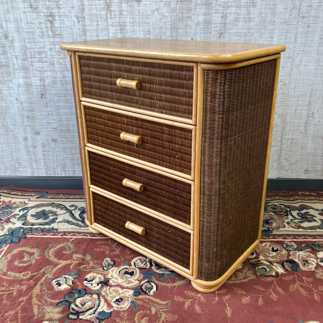 ①昭和レトロ 木製天板 ラタンチェスト 4段 引き出し箪笥 古家具 ビンテージ