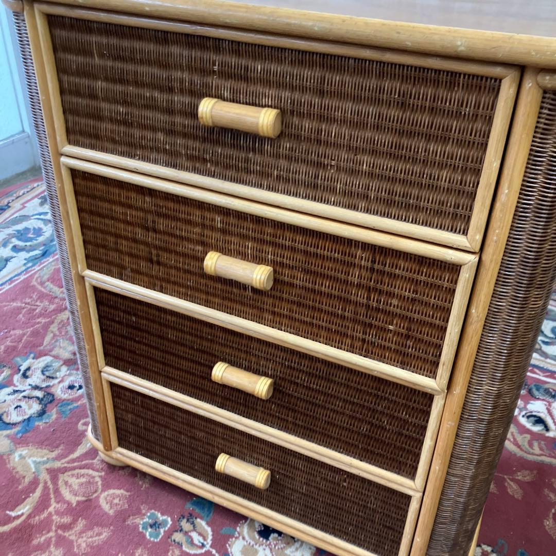 ①昭和レトロ 木製天板 ラタンチェスト 4段 引き出し箪笥 古家具 ビンテージ