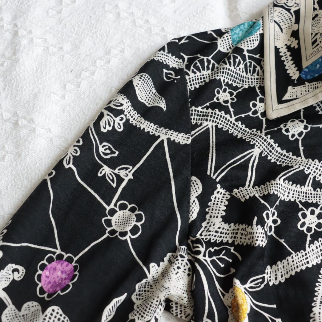 高級！レオナール　ドレスシャツ　宝石　ジュエルデザイン　フラワーチュニック