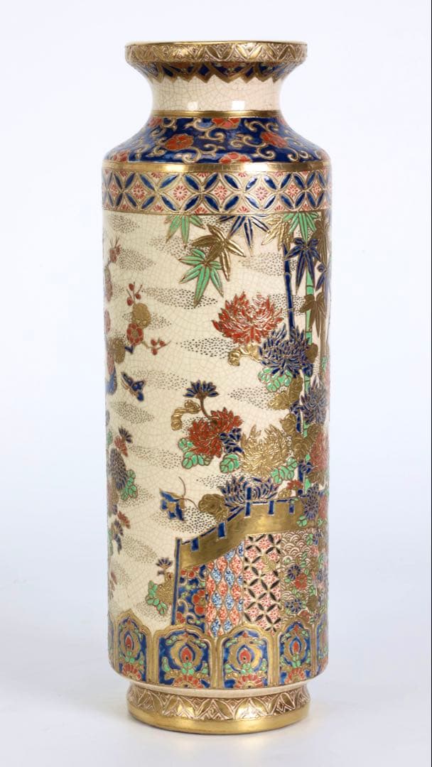 明治期 薩摩焼【薩摩十字家紋】金襴手 竹梅菊文 花瓶 花器 壺 古美術 骨董品