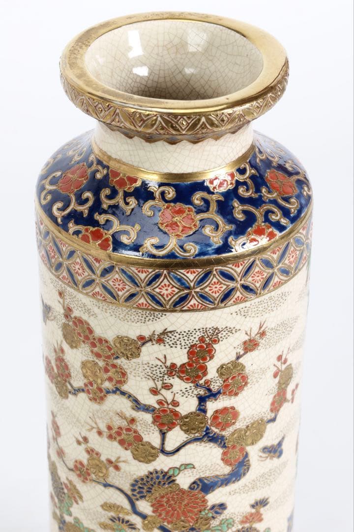 明治期 薩摩焼【薩摩十字家紋】金襴手 竹梅菊文 花瓶 花器 壺 古美術 骨董品