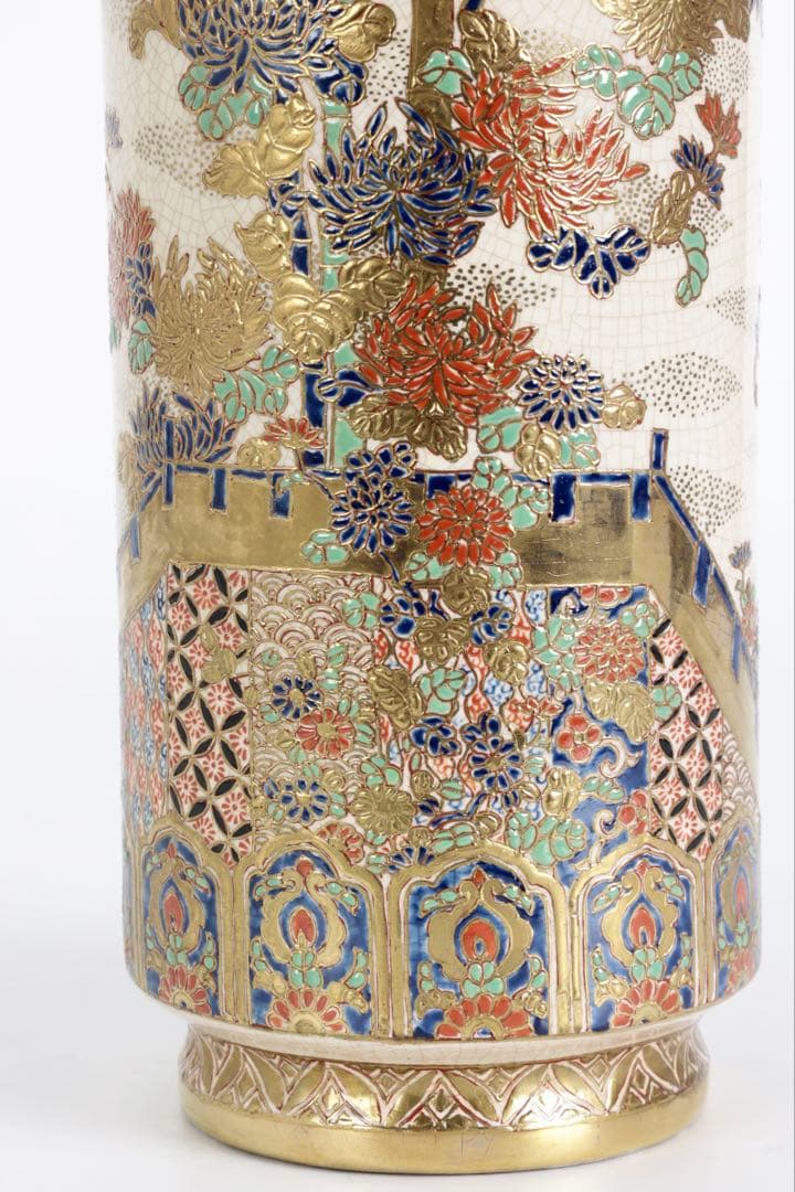 明治期 薩摩焼【薩摩十字家紋】金襴手 竹梅菊文 花瓶 花器 壺 古美術 骨董品