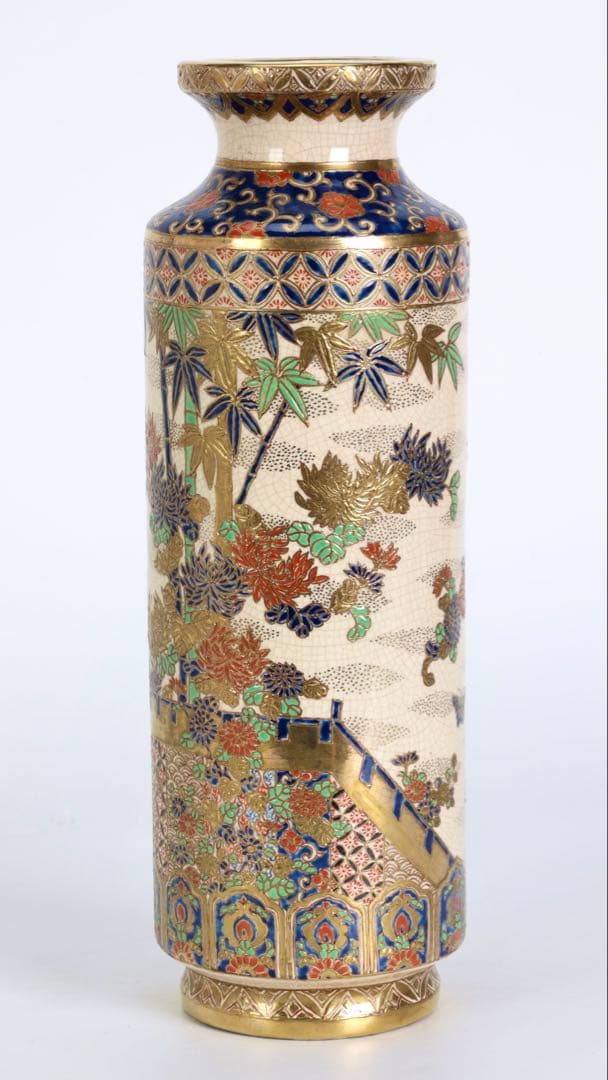 明治期 薩摩焼【薩摩十字家紋】金襴手 竹梅菊文 花瓶 花器 壺 古美術 骨董品