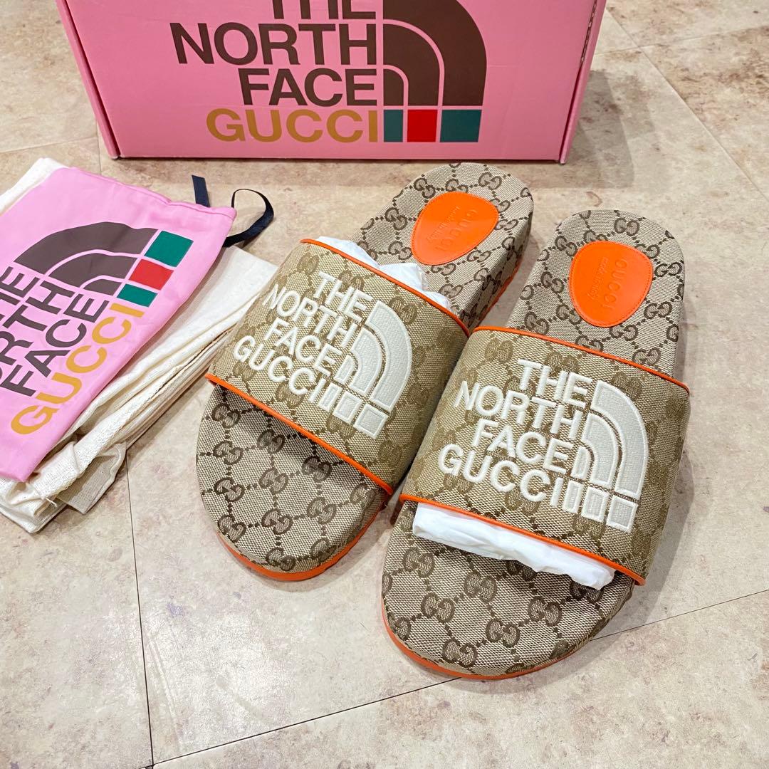 新品同様 グッチ ノースフェイス レザー GGモノグラム柄 サンダル 10