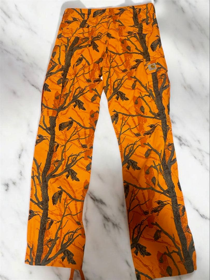希少 Carhartt オレンジ ワークパンツ 木の枝と鳥プリント30/32
