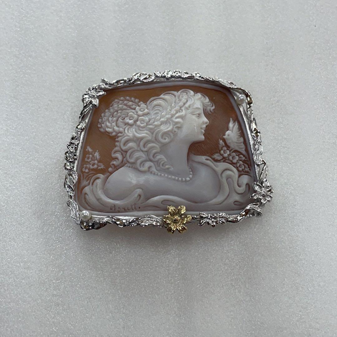 Ｋ１８　ＳＶ９２５　シェルカメオ　アコヤパール付き　ブローチ ペンダント