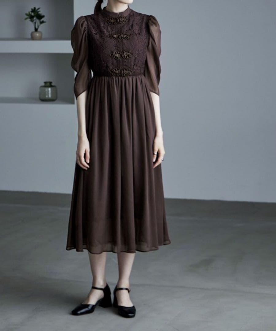 etoll.　ドレス　チャイナモチーフフレアドレス　ブラウン　オケージョン　M