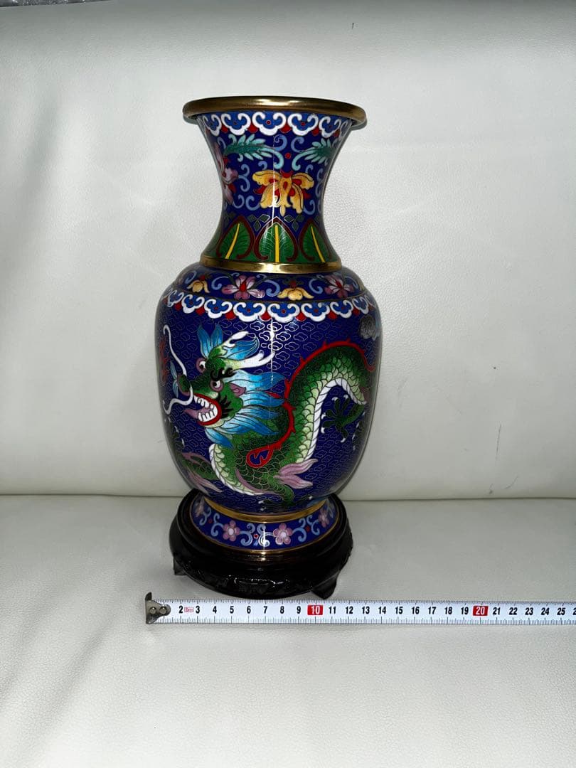 中国製　七宝焼花瓶 龍、鳳凰　台付き　中古品