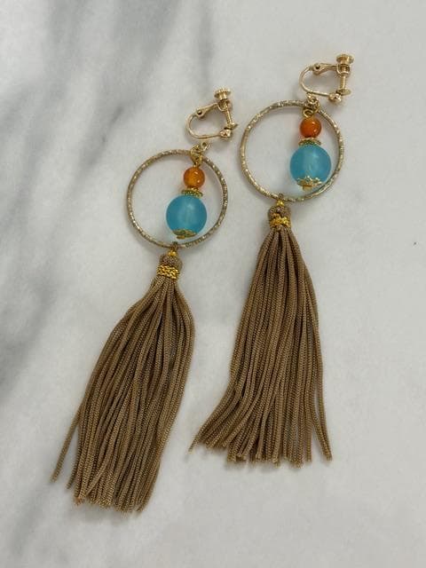 超美品★モンゴル民族衣装デール＆タッセルイヤリングセット ステージ用 水色、金茶