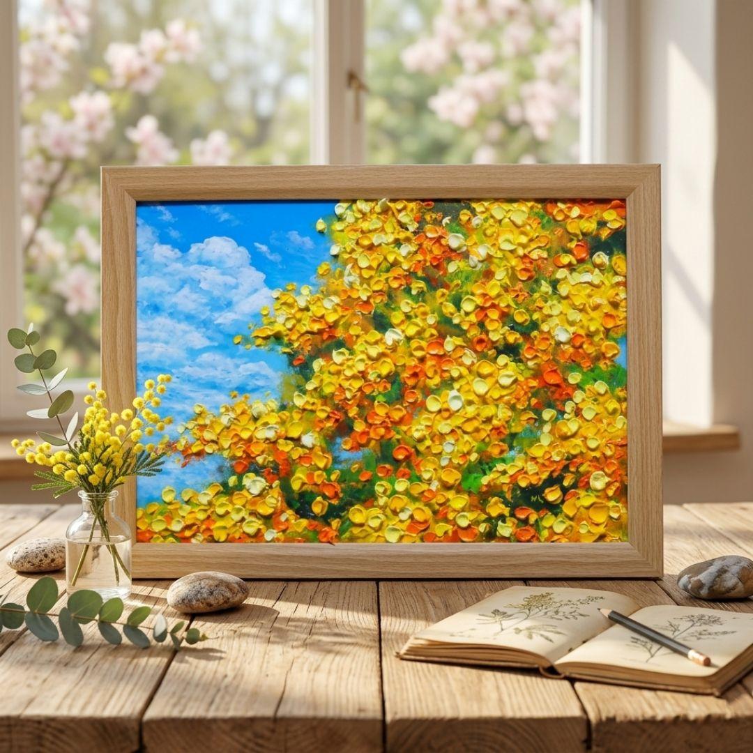 油絵 油彩 油彩画 絵 絵画　【青空のミモザ】